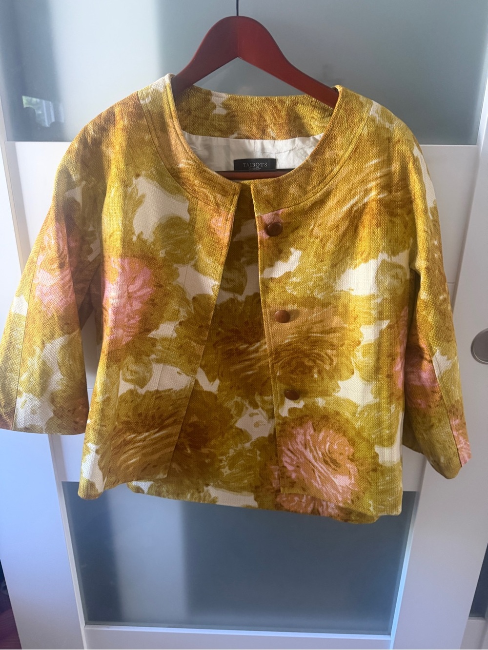 Talbots Yellow Floral Boxy Button-Front Jacket & Matching Skirt & Pink Accents